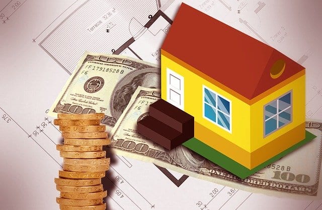 A graphical illustration housebuilding drawing, money, and a house.