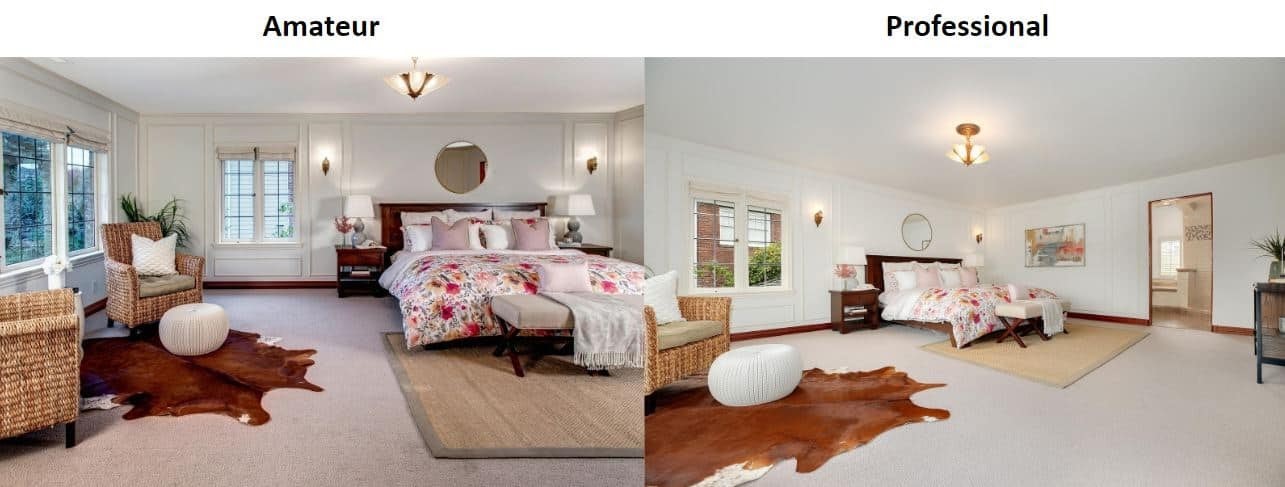 Side by side pictures of the bedroom taken by an amateur and professional photographer