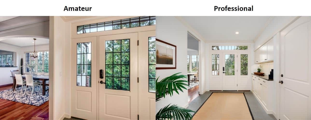 Side by side pictures of the hallway and dinning room taken by an amateur and professional photographer