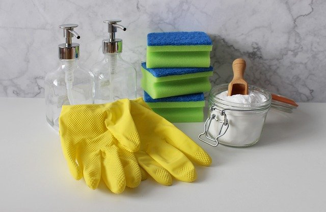 Gloves and other materials to use for deep cleaning a home while staging it for sale